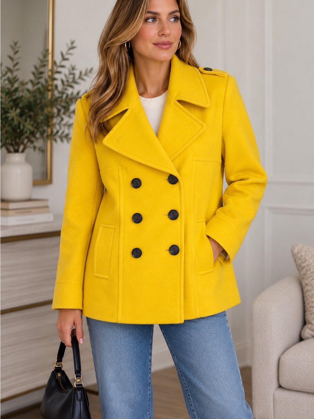 Moda International Bright Yellow Double-Breasted Pea Coat